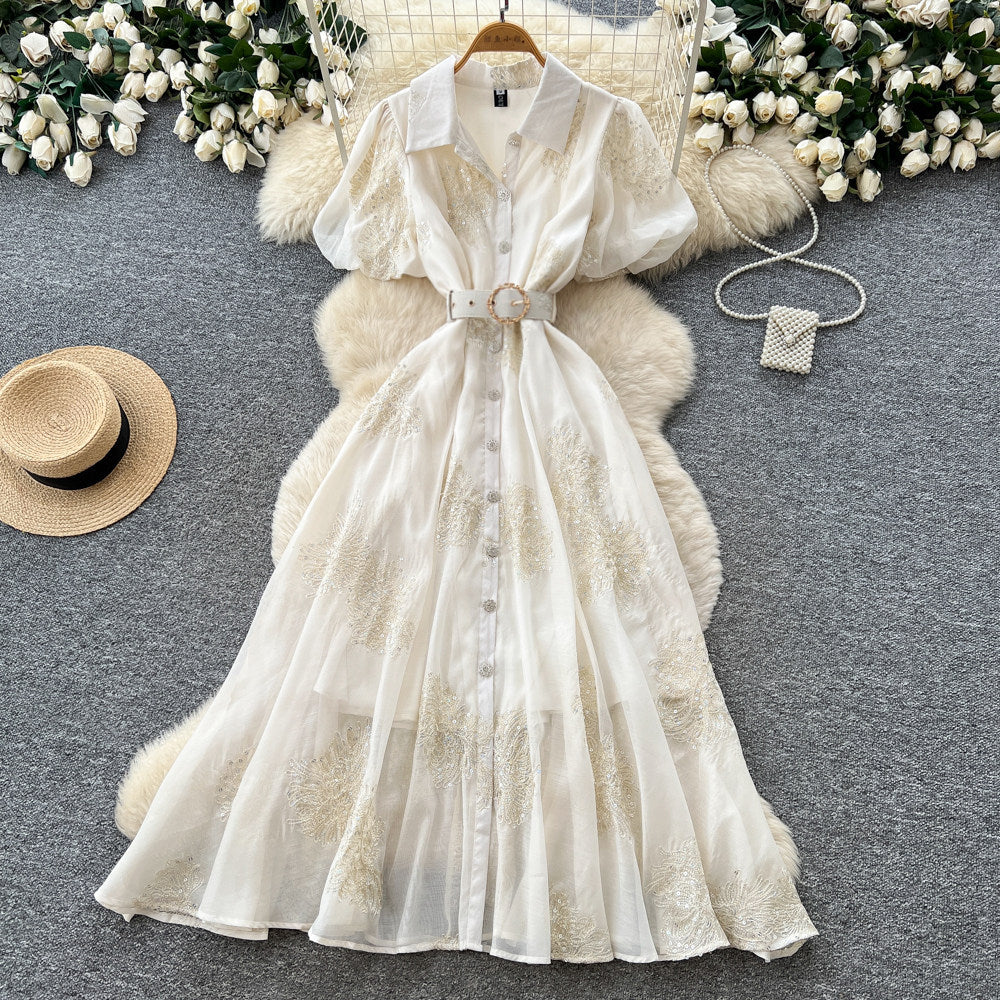 Korean style pink lantern sleeve mesh dress - women's summer sequin waist a-line elegant commute maxi dress
