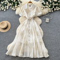 Korean style pink lantern sleeve mesh dress - women's summer sequin waist a-line elegant commute maxi dress
