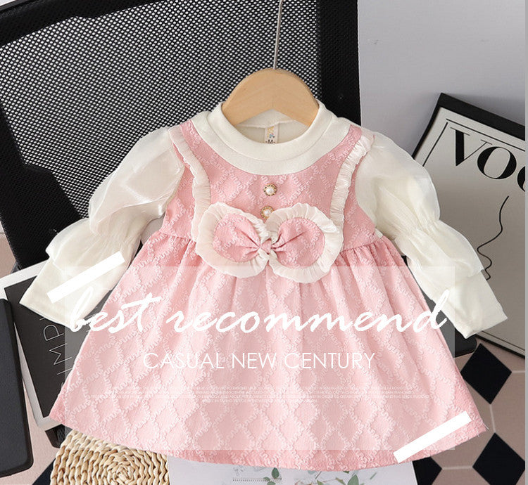 Girls' chanel-inspired dress - spring/autumn style - kids' skirt with puff sleeves, bow detail, round neck, suspender skirt, faux two-piece trendy design