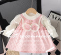 Girls' chanel-inspired dress - spring/autumn style - kids' skirt with puff sleeves, bow detail, round neck, suspender skirt, faux two-piece trendy design