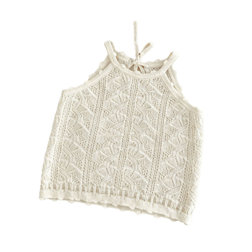 Girls' summer new knitted tank top - baby versatile raglan sleeve tie-up cutout backless sleeveless baby cami
