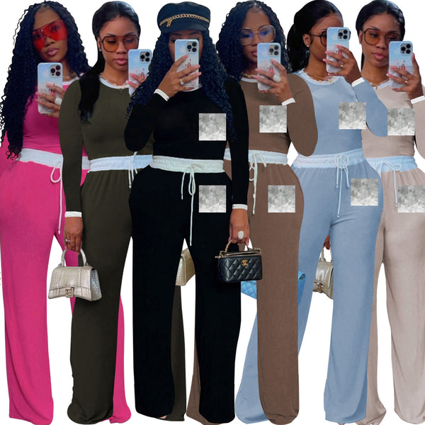 M3158L  European and American women's clothing casual street daily rib contrasting color round neck long-sleeved pants set of two pieces