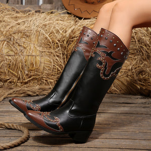 Export  knee high boots western cowboy boots cross-border plus size color block pointed toe thick heel over the knee long women's boots
