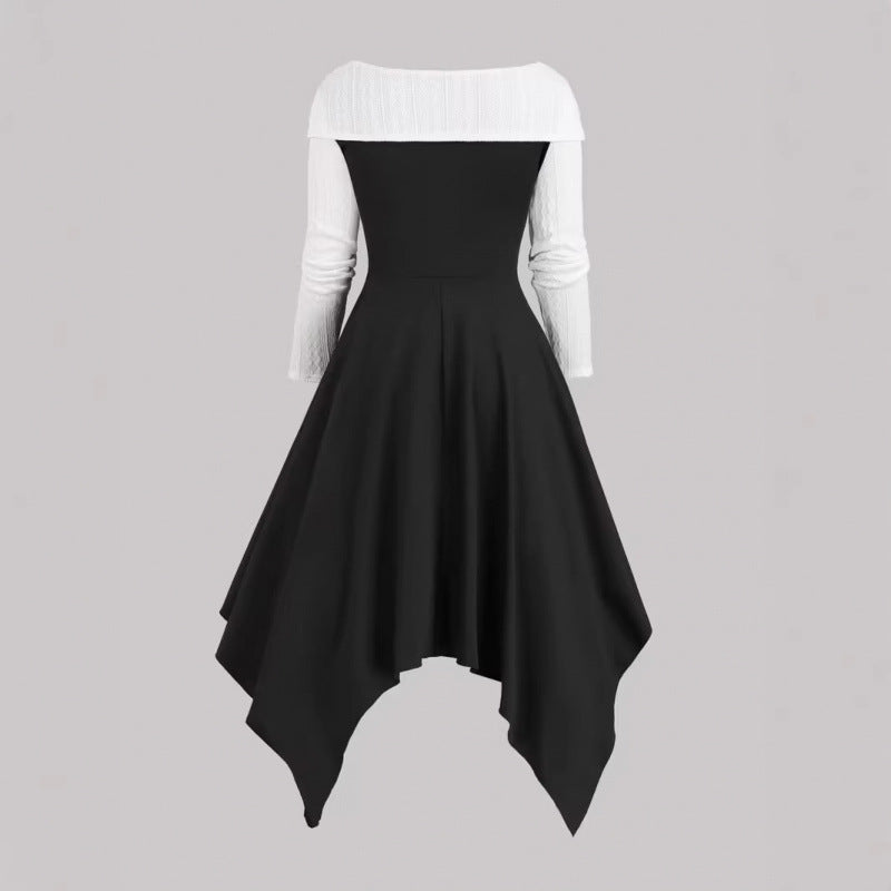 French ruffle trim heavy velvet mini dress - women's autumn/winter  retro style with gold buckle detail, slimming and figure-flattering