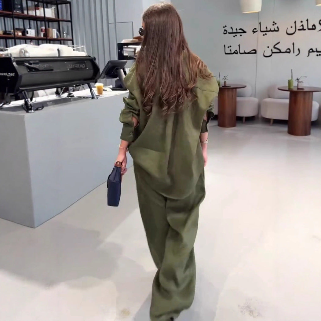 Cross-border European and American solid color long-sleeved cardigan shirt set women's  foreign style fashion women's casual trousers two-piece set