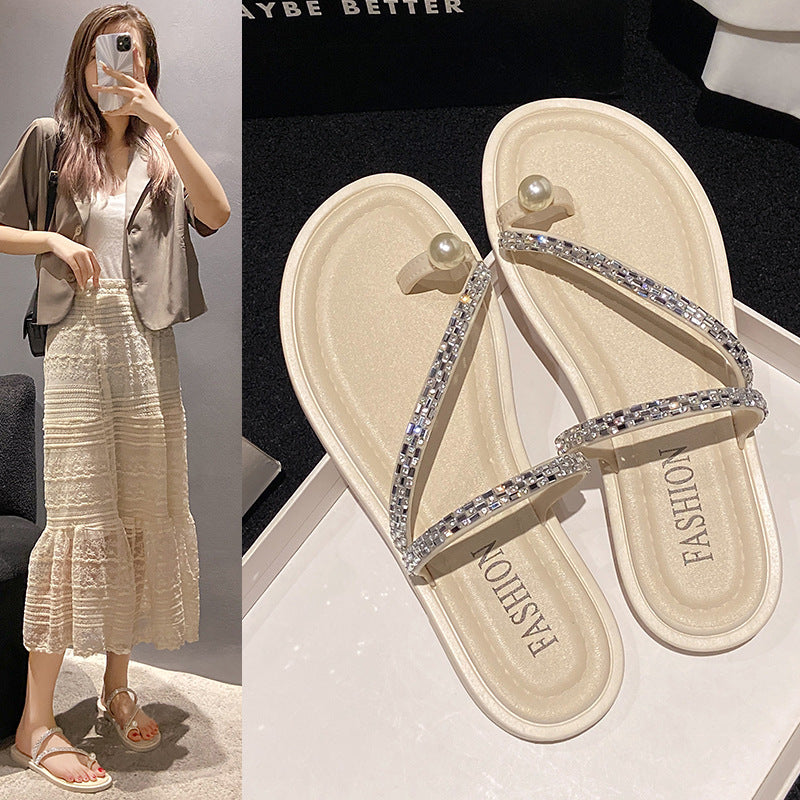 Summer new arrivals: french-inspired flat sandals for casual getaways - stunning, ethereal style, women's outdoor fashion slides with rhinestone accents