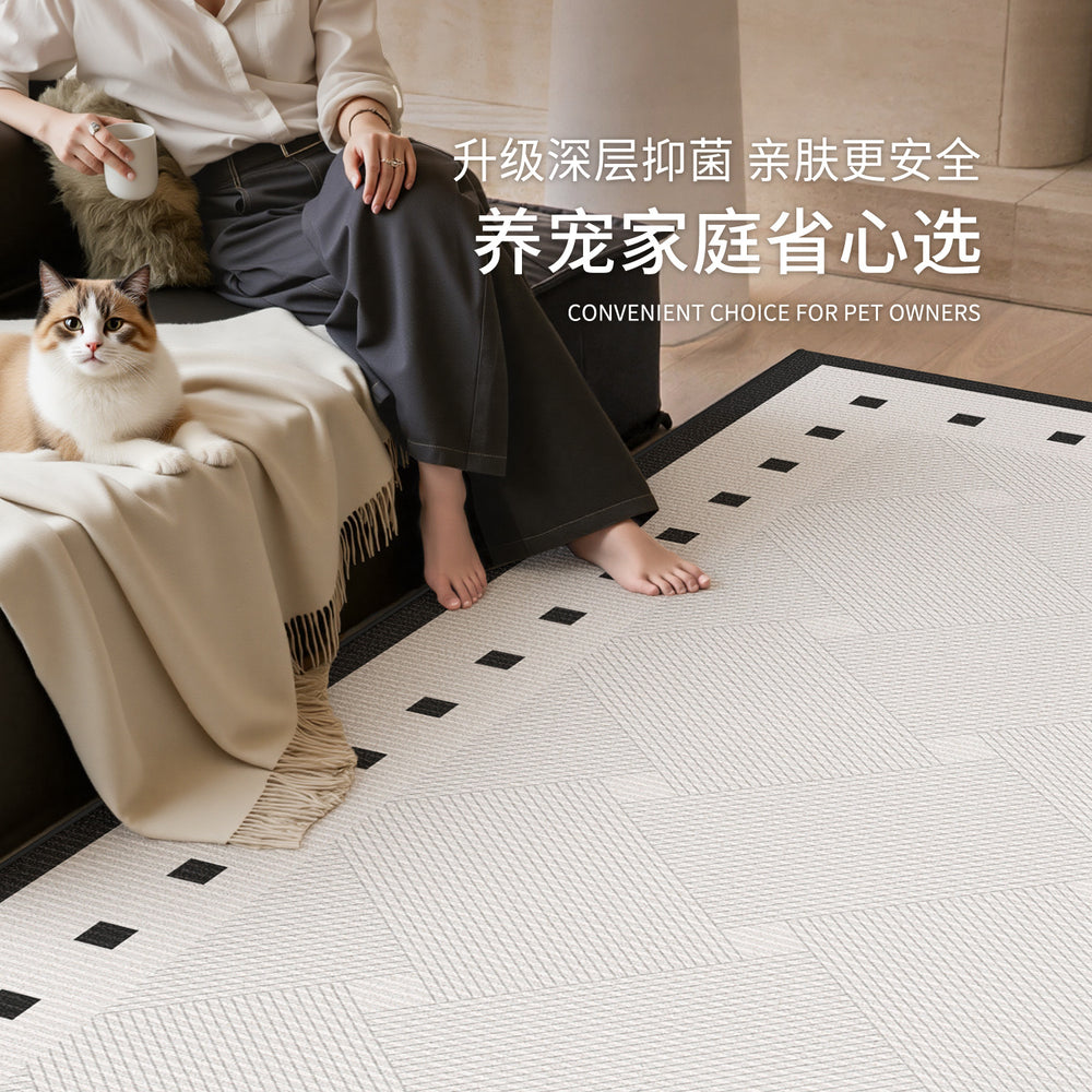 Carpet living room 2026 new french style black and white grids waterproof washable bedroom bedside sofa floor mat