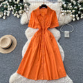 K-stylework clothing style short-sleeved a-line dress women's summer orange lapel shirt waist slimming look light and mature elegance