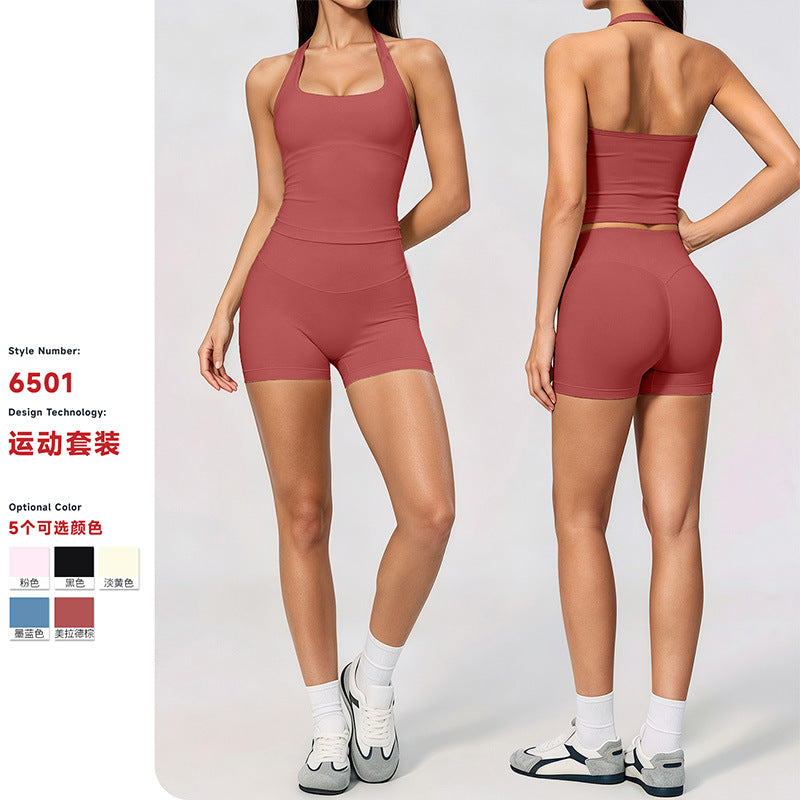 Dfyne style  women's seamless halter neck sleeveless yoga set - workout tank top and shorts set