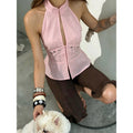 European and american women's clothing  summer new fashion y2k hot girl stand collar cardigan backless sleeveless tank top