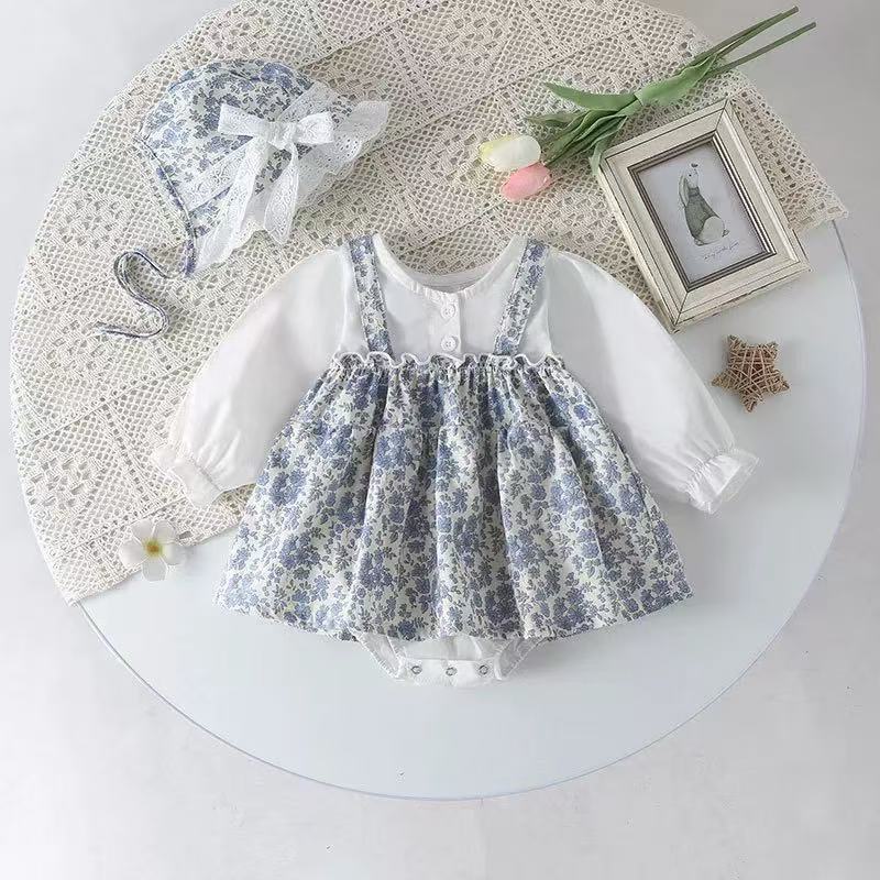 Baby spring autum onesie clothes small floral fake two-piece triangle princess dress baby girl long sleeves romper