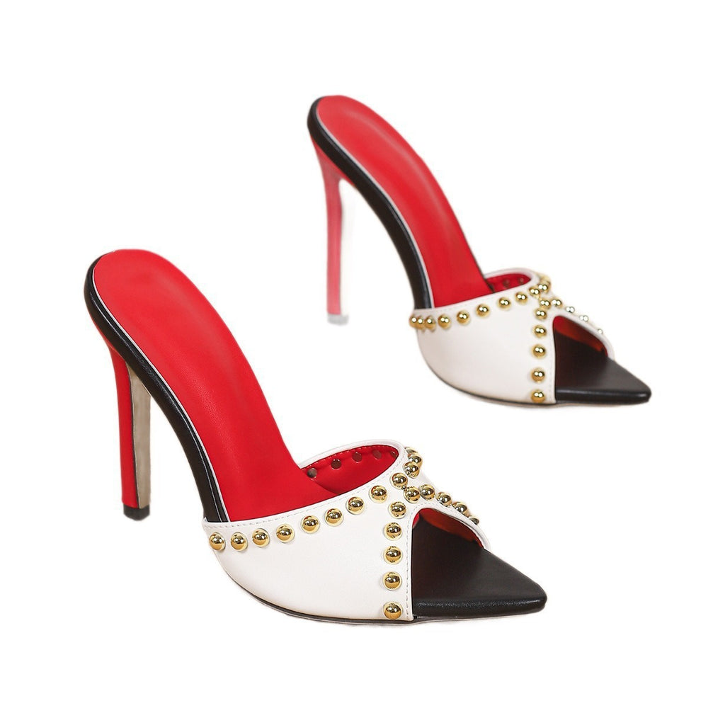 2026 new european and american style pointed-toe stiletto heel rivet color block peep-toe sandals women's fashion high heels for outdoor wear