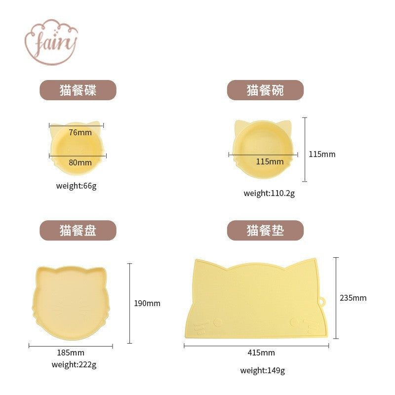 Cartoon kitten silicone fork and spoon dinner plate, baby food grade silicone feeding tableware, non-slip and anti-dirty tableware set