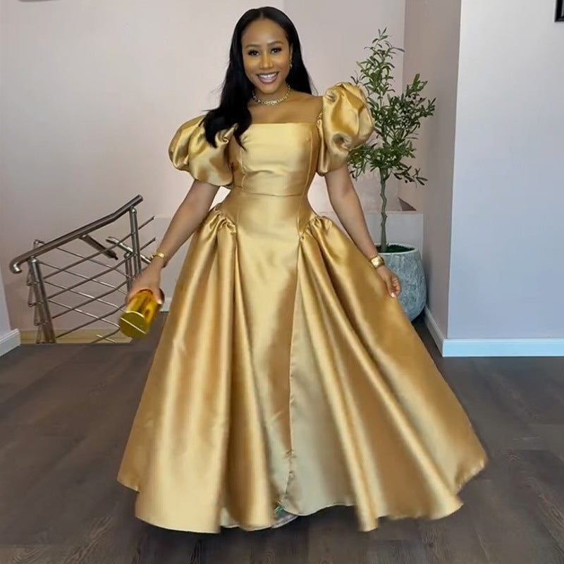 European and american cross-border women's fashion:  summer new arrival - elegant puff sleeve square neck high waist a-line maxi dress with flared hem
