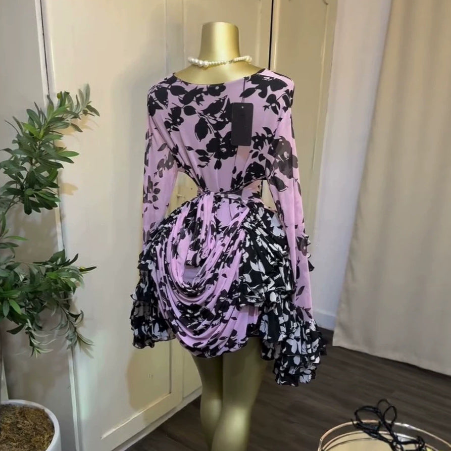 European and american cross-border women's fashion:  summer new arrival - elegant printed ruffle trim pleated flared sleeve dress