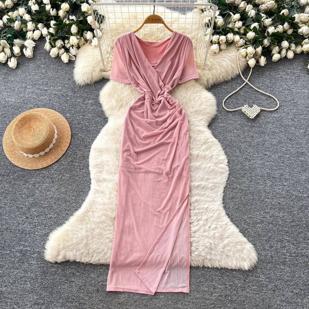 Elegant v-neck tie-waist short-sleeve dress - women's summer korean style slim fit slit maxi dress