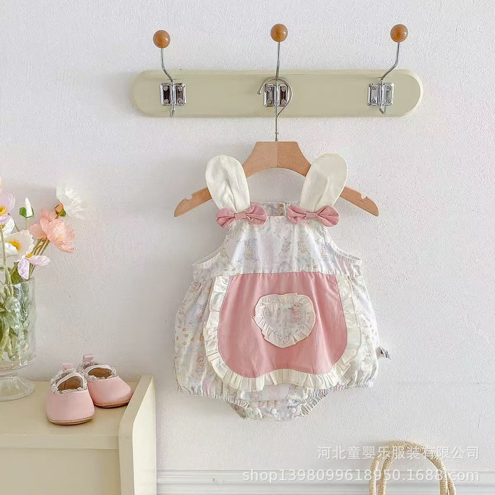Summer lightweight baby romper - cute bunny sleeveless triangle bodysuit for baby girls - korean style summer outfit for outdoor wear - trendy