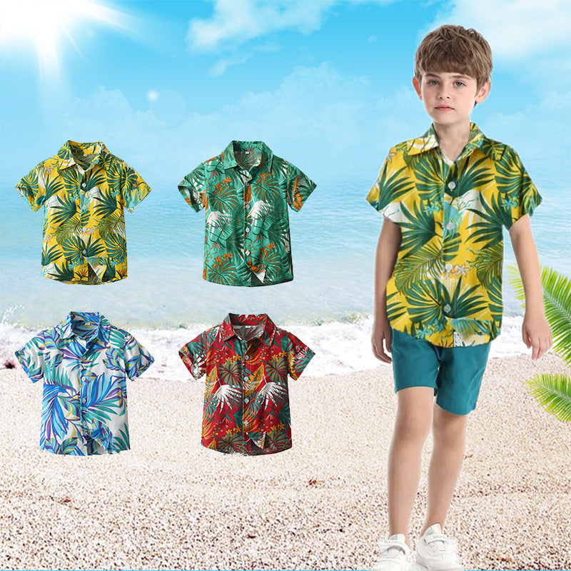 children's clothing, new boys' short-sleeved shirts, vacation beach style floral shirts, boys' short-sleeved shirts, children's shirts for boys, summer