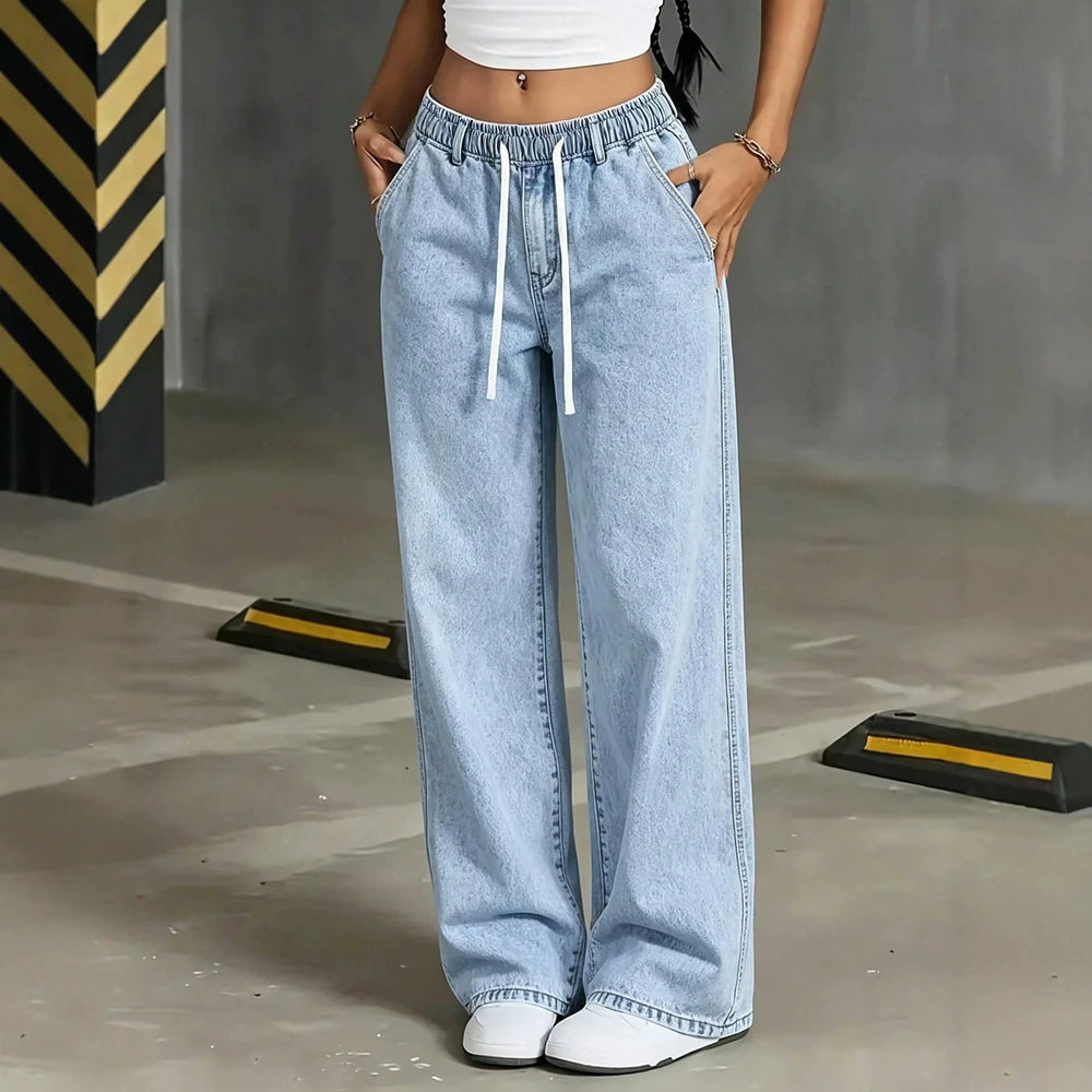 Fashionjeans women's washed drawstring elastic waist loose pantscasualloosedrapedmopstraight-leg pants