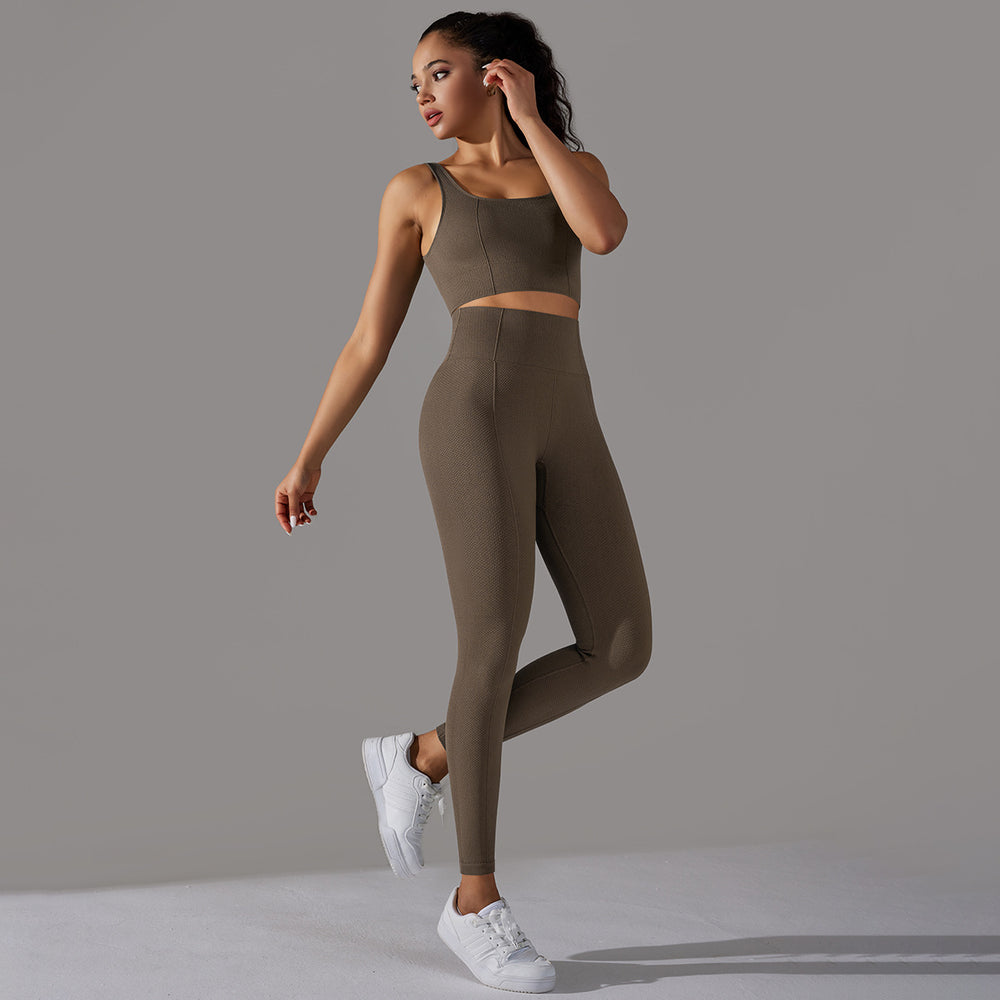fashion seamless knittingpure color polka dot high elastic tight breathable yoga suit running fitness two-piece set
