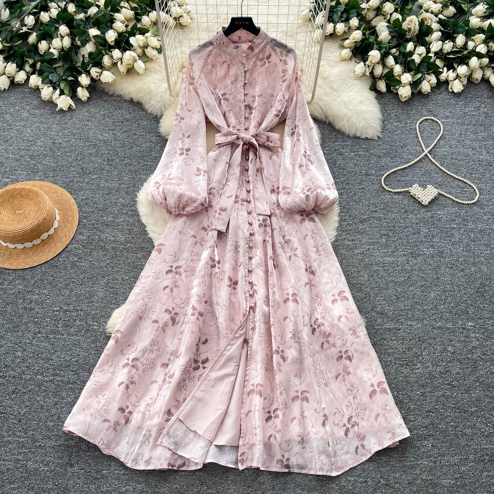 Frenchromantic style lantern sleeve printingdress female k-style waist slimming look a-line long skirt work clothingelegantelegance