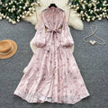 Frenchromantic style lantern sleeve printingdress female k-style waist slimming look a-line long skirt work clothingelegantelegance