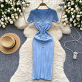 Short-sleeved knittingdress female small fragrant style retrofrenchv neck color matching metal buckle silmslimming look bottom long skirt
