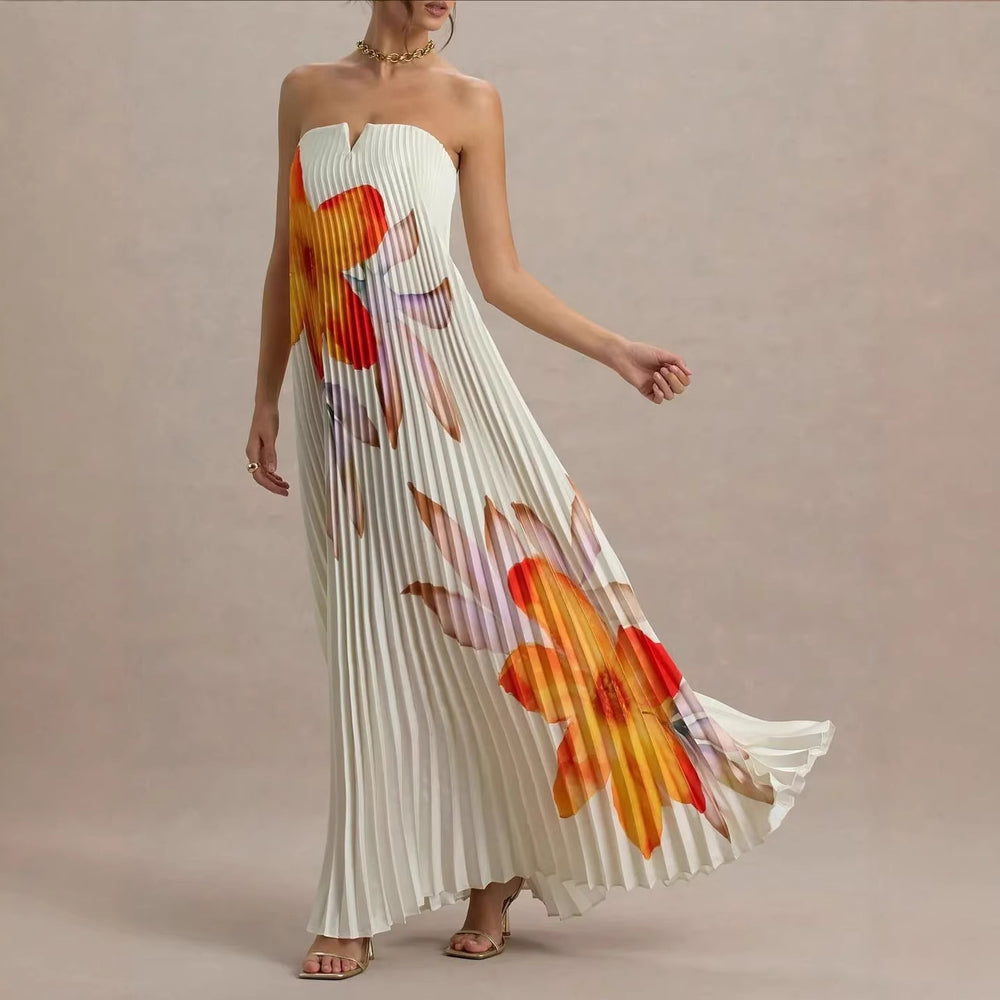 Independent station new arrival cross-border fashionexportprintingtube toploose heavy industry pleated long frenchdress
