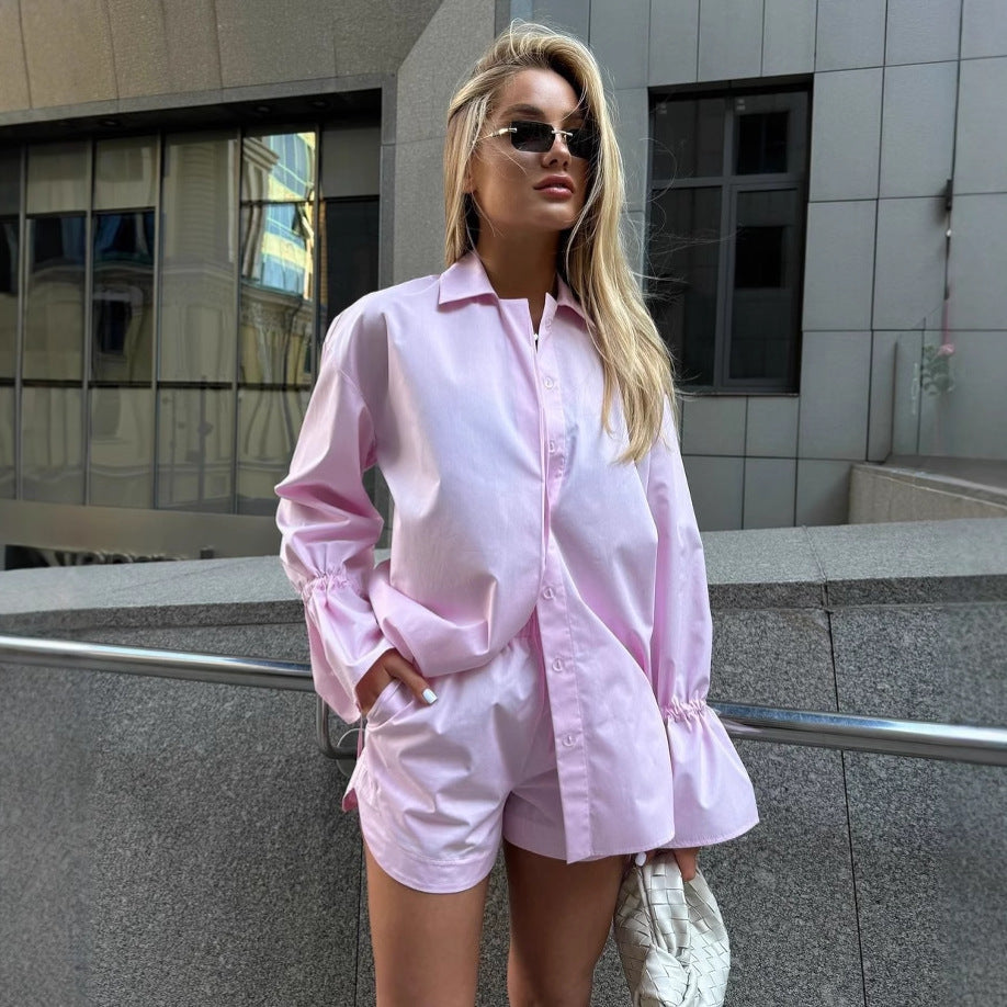 Europe and the United States  2025 spring loose casual suit women's 100% cotton lace-up petal sleeve cardigan shorts two-piece set