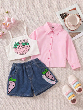 cross-border exclusive lapel plaid shirt camisole + heavy-duty washed beaded jeans three-piece set