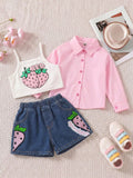 cross-border exclusive lapel plaid shirt camisole + heavy-duty washed beaded jeans three-piece set