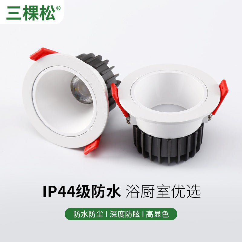 Three pine LED spotlight waterproof downlight bathroom bathroom kitchen bathhouse hotel embedded anti-glare ceiling light