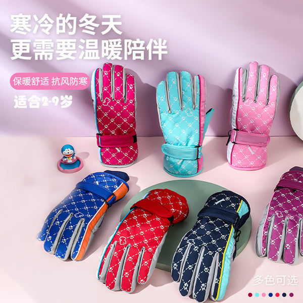 Winter Ski Warm Gloves Children, Thickened Windproof Electric Vehicle Double Lock Temperature Cold Resistant Outdoor Riding Gloves