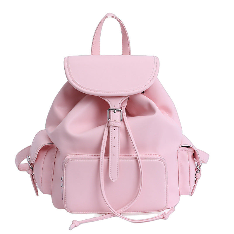 Simple and fashionable soft leather backpack bag 2025 summer new large-capacity backpack college student drawstring schoolbag women's bag