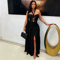 C7762 cross-border  new arrival: halter neck cutout tie-up party evening dress - satin side slit dress