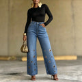 Fashionjeans women's high waist metal eye decoration loose pants pants light blue washed loosestraight-legpantsstylish trendy