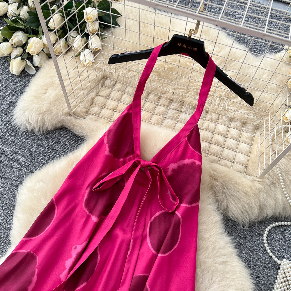 Vacation style halterbacklessprintingdress women's summerfashion classic strappy slimming look large swing long skirt