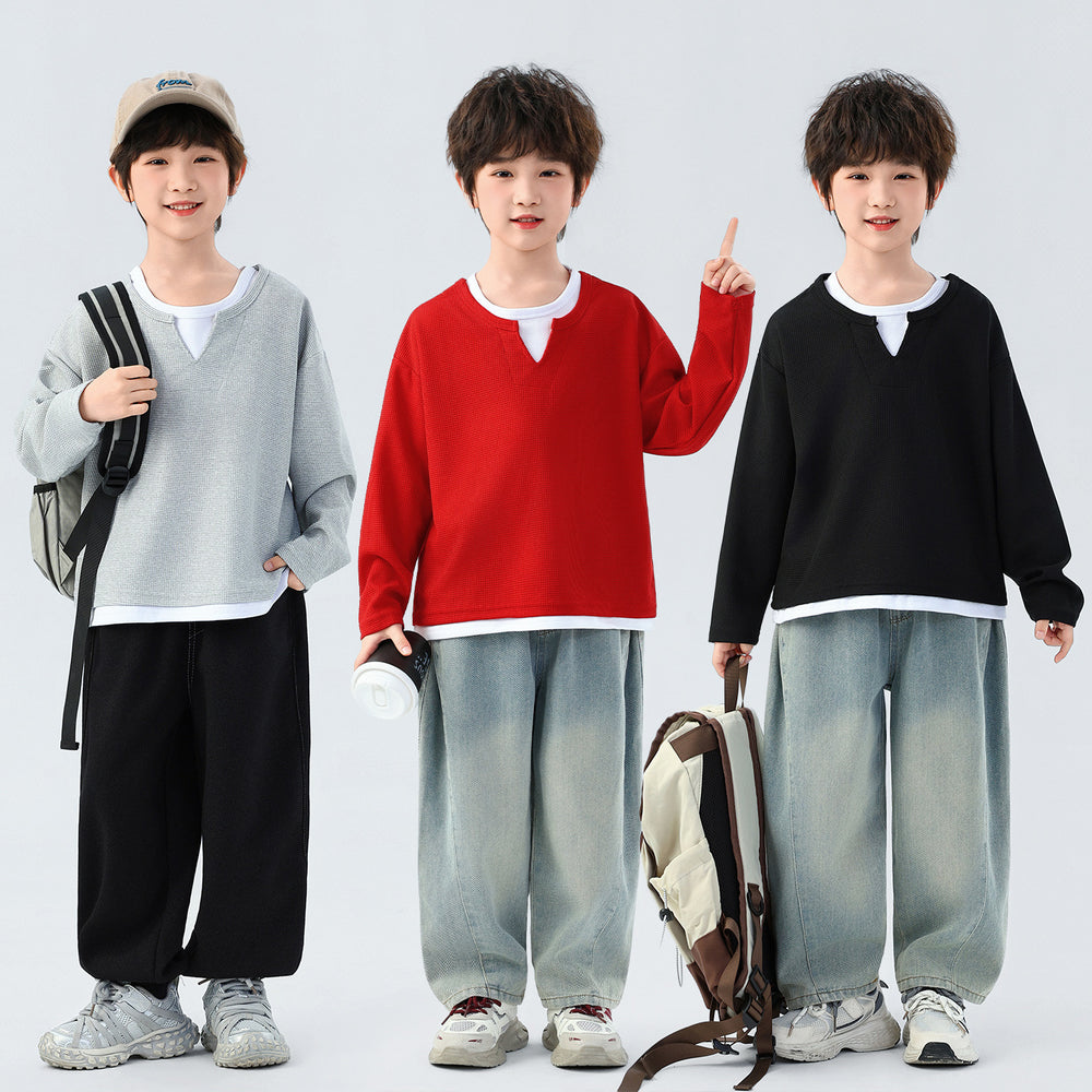 Boys' minimalist chic two-piece look long sleeve tee - new spring/autumn casual style for boys - versatile base layer sweatshirt ( collection)