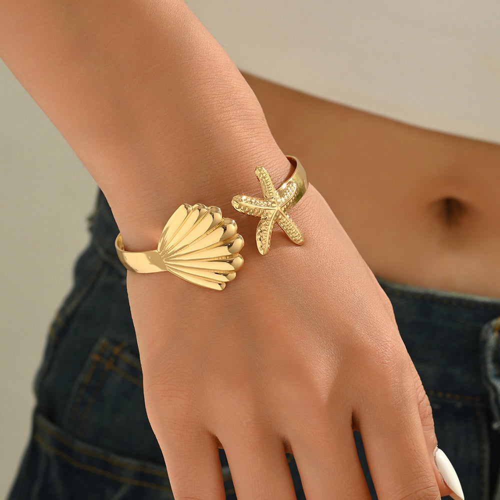 Wholesale geometric open bangle bracelets - european & american cross-border jewelry - summer ocean-inspired beach vacation style - starfish ring for women