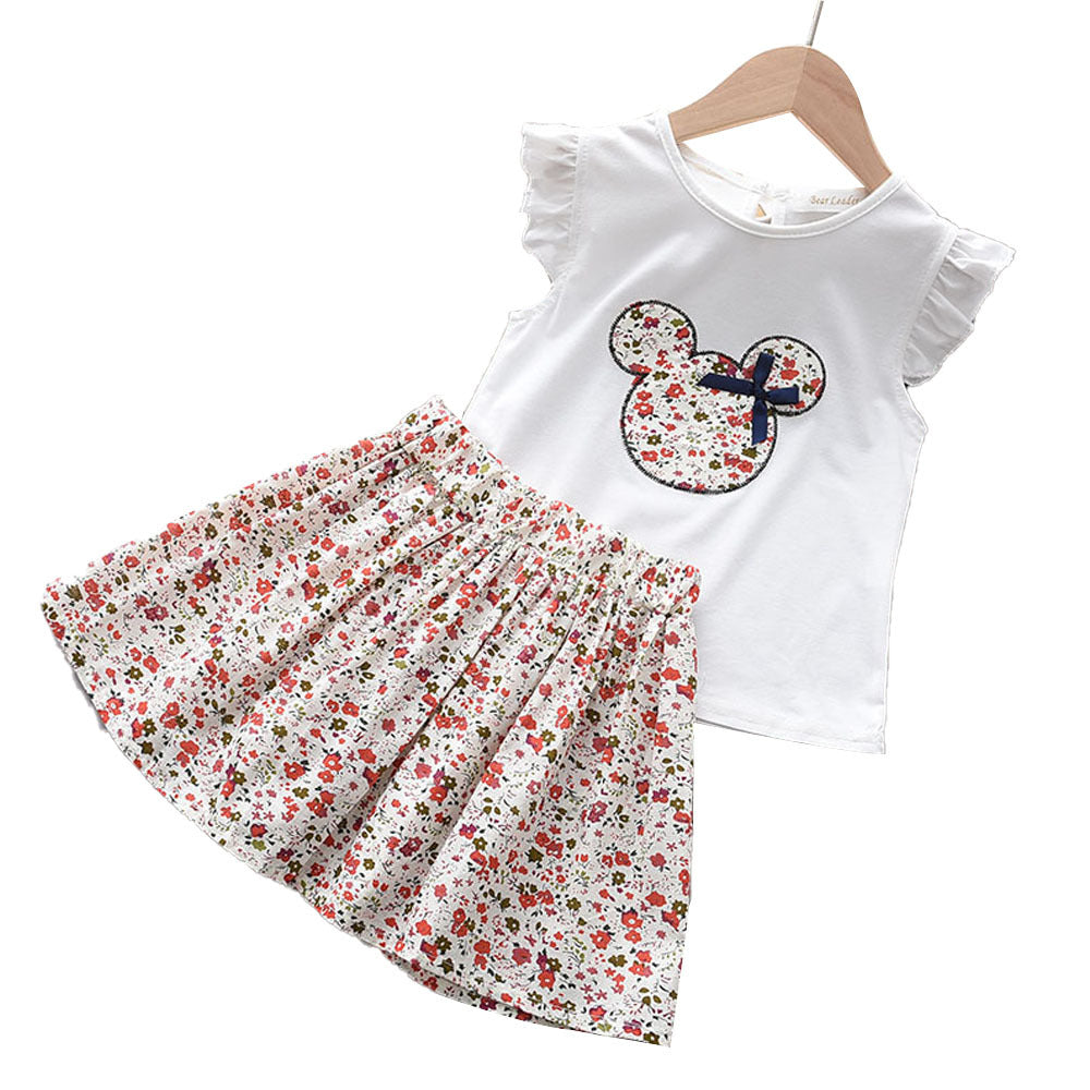 Girls'  summer new arrival cross-border set: cartoon lightweight flutter sleeve top & floral print midi skirt - toddler two-piece outfit