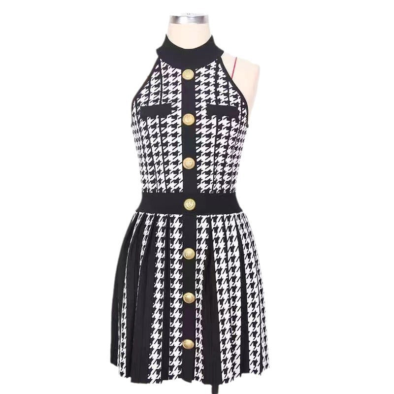 summer american retro halter neck off-shoulder slimming a-line knit mini dress for petite figures