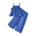 European and american summer girls' sweet outfit: solid color ruffle cami top and wide-leg pants set - cross-border children's clothing