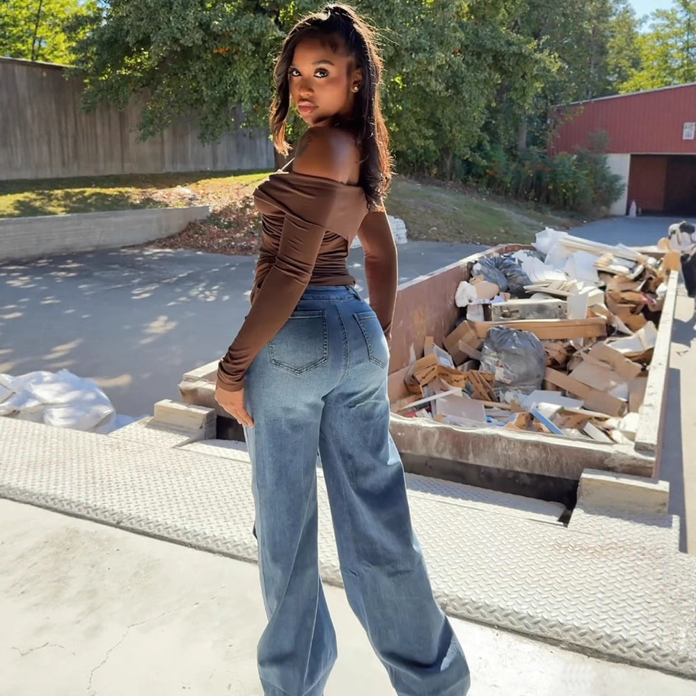 European and american casual denim jeans -  cross-border autumn/winter women's streetwear fashion - washed high-waisted trousers with metal button detail