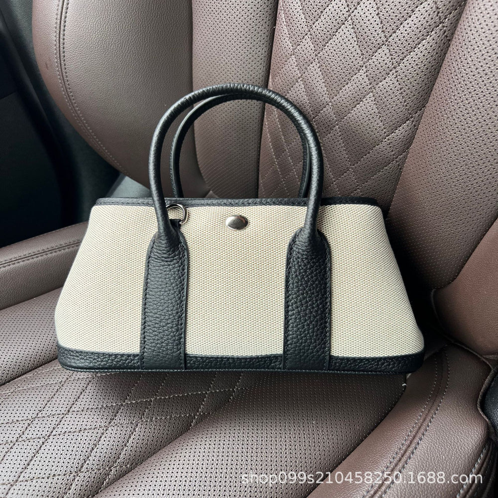Top-grain leather niche styleclassy women's genuine leather satchel bag large capacity canvas contrast color garden tote bag