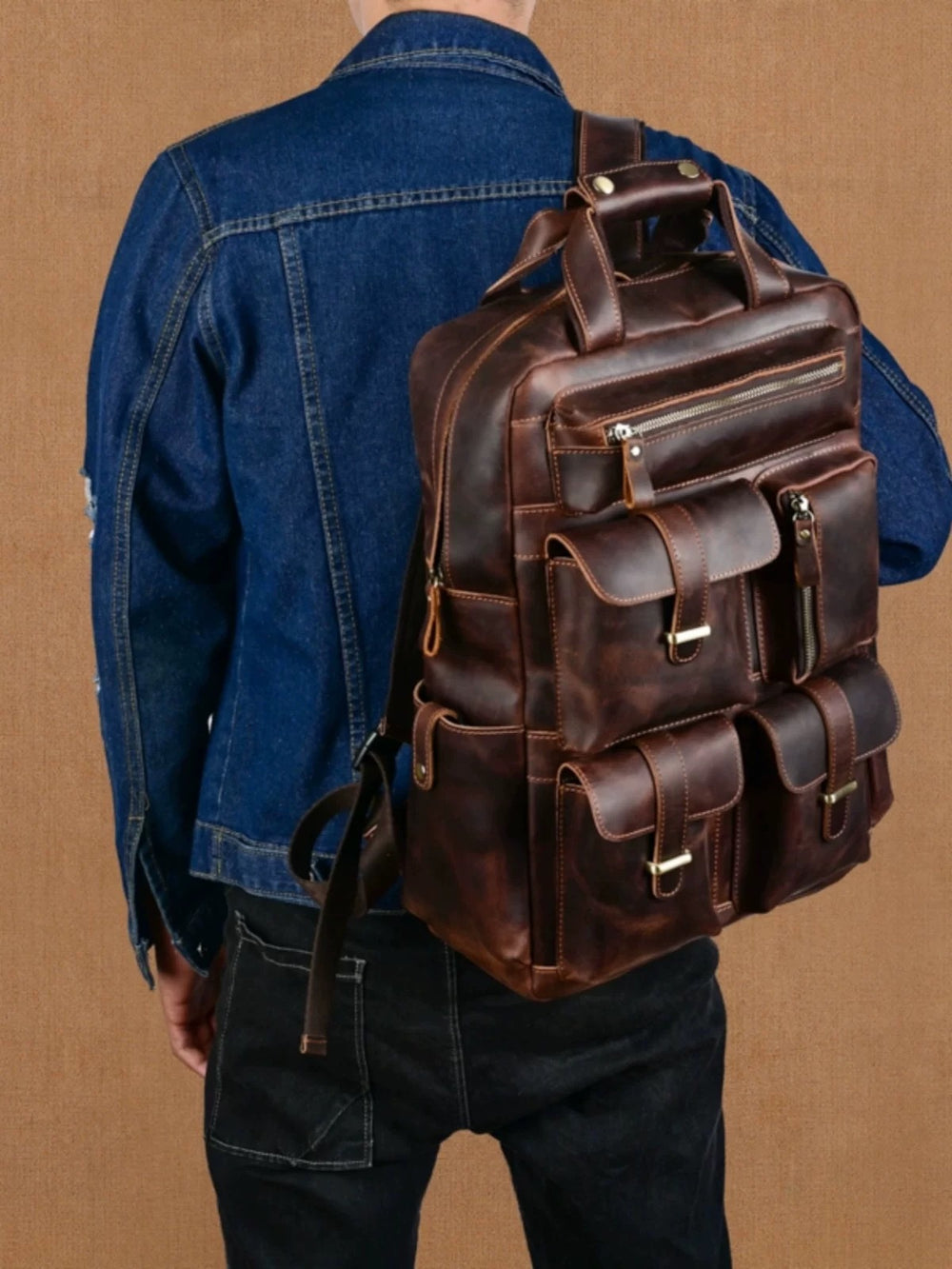 New arrival genuine leather backpack for men 15.6inch retro computer bag crazy horse leather large capacity travel backpack for men
