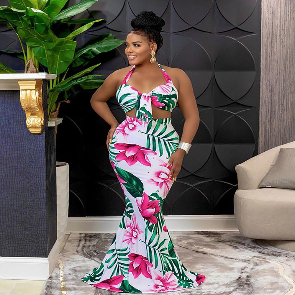 A20306 european and american cross-border women's fashion  sexy printed tie-up bandeau top + ruffle skirt 2-piece set