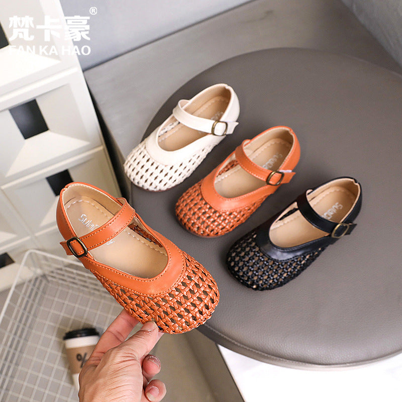 Vancahao girls' knitted leather shoes -  summer new arrivals: korean-style grandma shoes, open-toe sandals for kids
