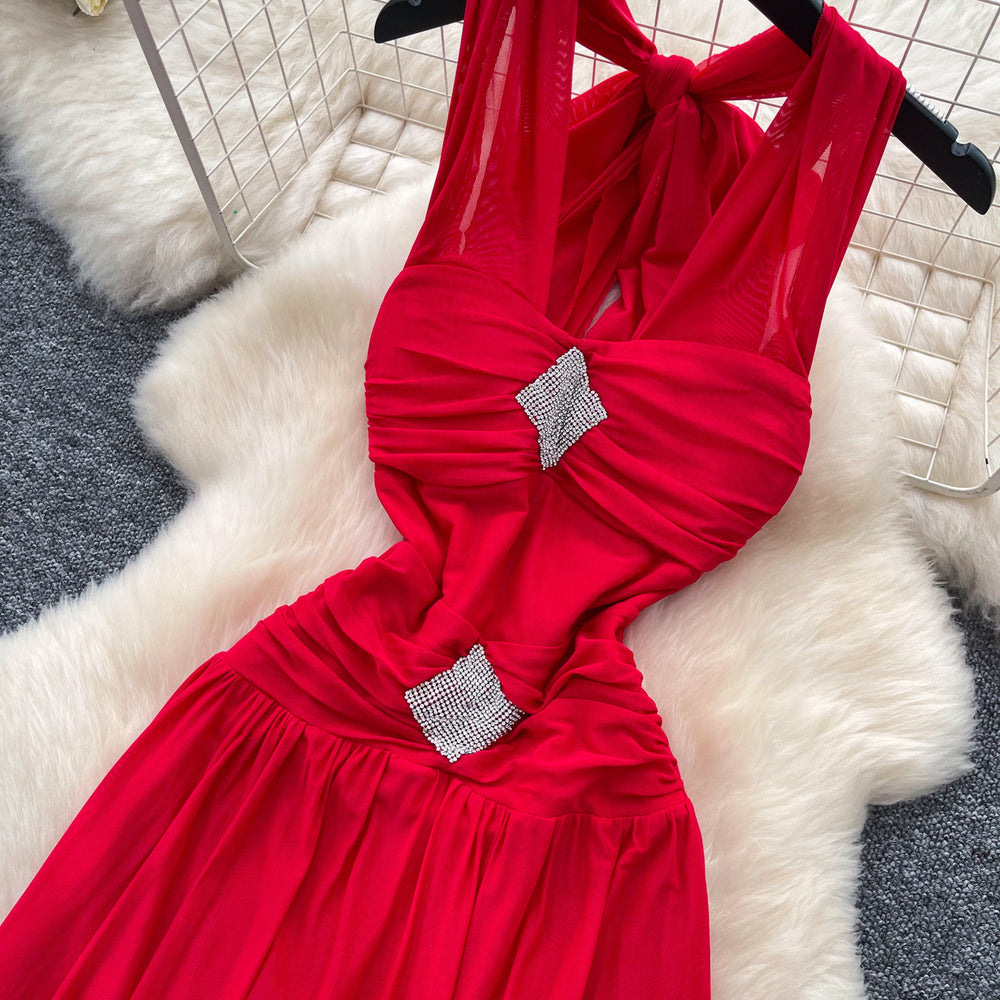 Sexy halter sleeveless v neckbacklessdress women's summer cool waist slimming look a-line long skirt redelegant skirt