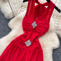 Sexy halter sleeveless v neckbacklessdress women's summer cool waist slimming look a-line long skirt redelegant skirt