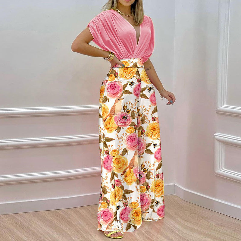 summer new women's clothing: cross-border european and american hot seller - printed batwing sleeve short-sleeve top, versatile and stylish set